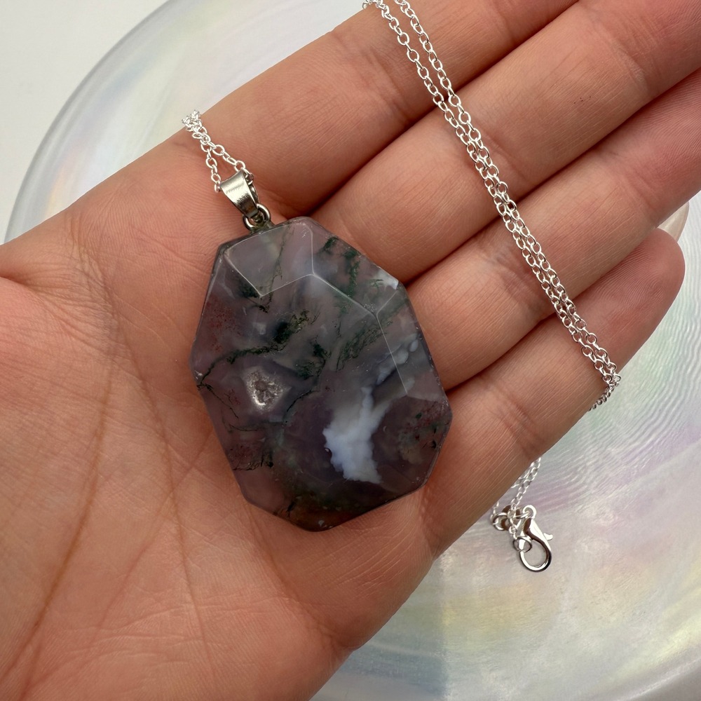 Moss Agate Pendant Necklace Silver Chain Unique Stone‎ Healing Crystal